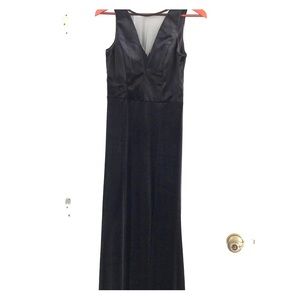 Plunging V high slit black velvet stretch gown